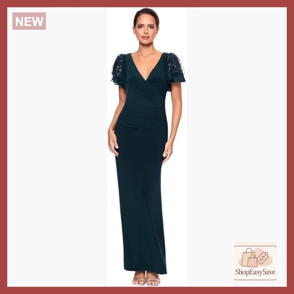 Sequin Flutter Sleeve V-Neck Maxi Dress Elegant Formal Evening Gown